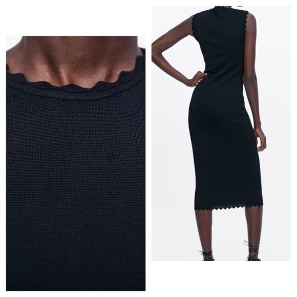 Zara Knit Black Sleeveless Dress with Scalloped Edges, NWT. *M - Picture 2 of 16